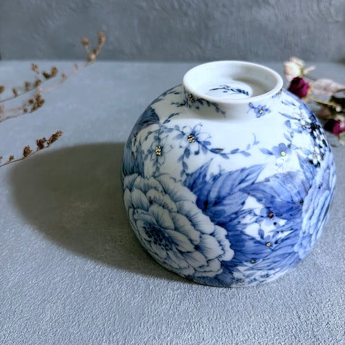 九谷焼 抹茶碗 染付 金彩 牡丹 陶磁器 【予約商品】