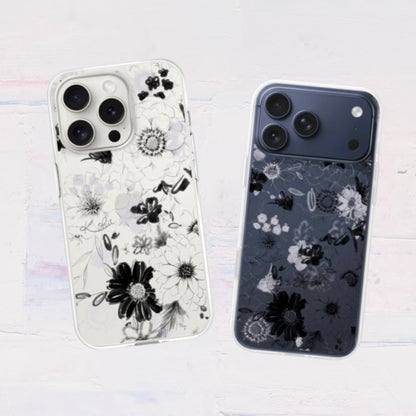 全機種対応 花柄クリアスマホケース iPhone・Android対応 ブラック｜シックで大人なモノトーンデザイン 耐衝撃 Flowery Dance Black | Kohii