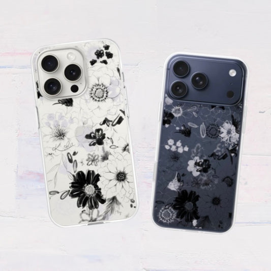 全機種対応 花柄クリアスマホケース iPhone・Android対応 ブラック｜シックで大人なモノトーンデザイン 耐衝撃 Flowery Dance Black | Kohii