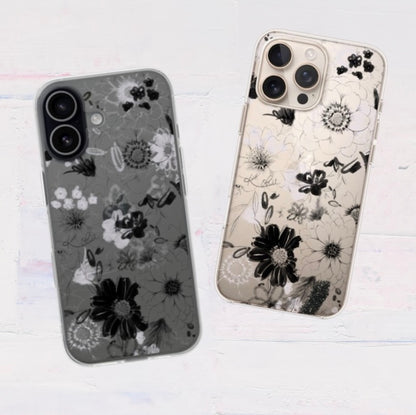 全機種対応 花柄クリアスマホケース iPhone・Android対応 ブラック｜シックで大人なモノトーンデザイン 耐衝撃 Flowery Dance Black | Kohii