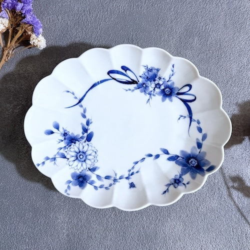 九谷焼　楕円皿　お皿　染付　花舞　リボン　陶磁器【予約商品】