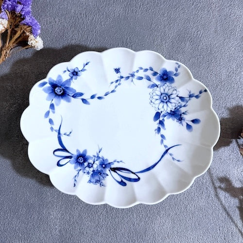 九谷焼　楕円皿　お皿　染付　花舞　リボン　陶磁器【予約商品】