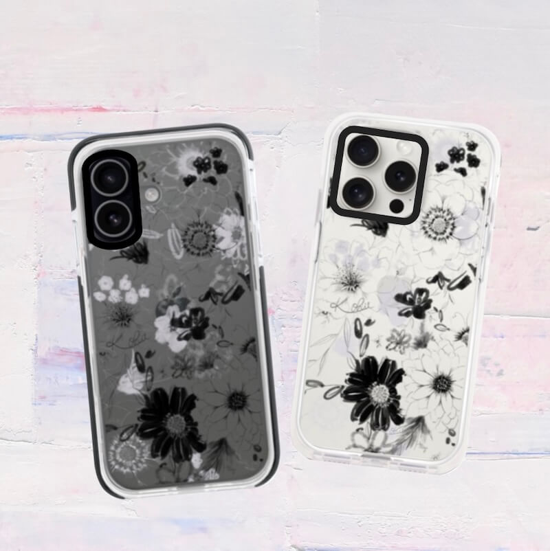 iPhoneケース 花柄クリアスマホケース ブラック｜シックで大人なモノトーンデザイン 耐衝撃 Flowery Dance Black | Kohii クッションカバー