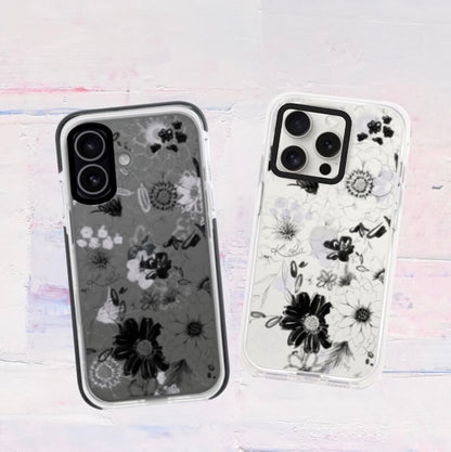 iPhoneケース 花柄クリアスマホケース ブラック｜シックで大人なモノトーンデザイン 耐衝撃 Flowery Dance Black | Kohii クッションカバー