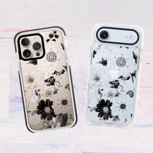 iPhoneケース 花柄クリアスマホケース ブラック｜シックで大人なモノトーンデザイン 耐衝撃 Flowery Dance Black | Kohii クッションカバー